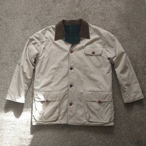Vintage Large White Flannel Lined Field Jacket w/ Wood Buttons and Brown Collar